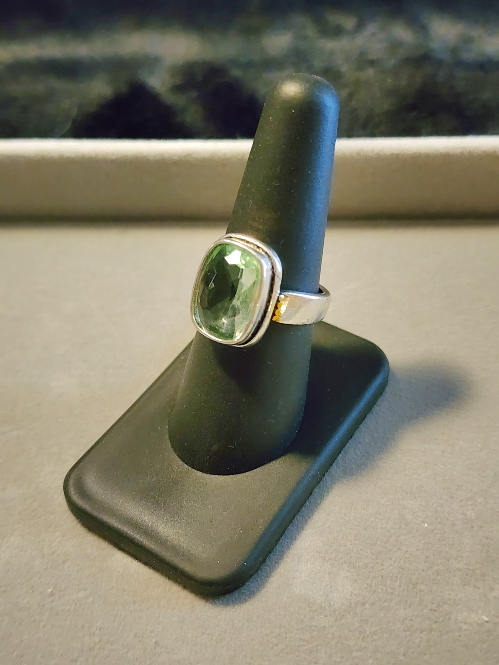 Silver Tone Very Light Green Gemstone Ring - Size 7